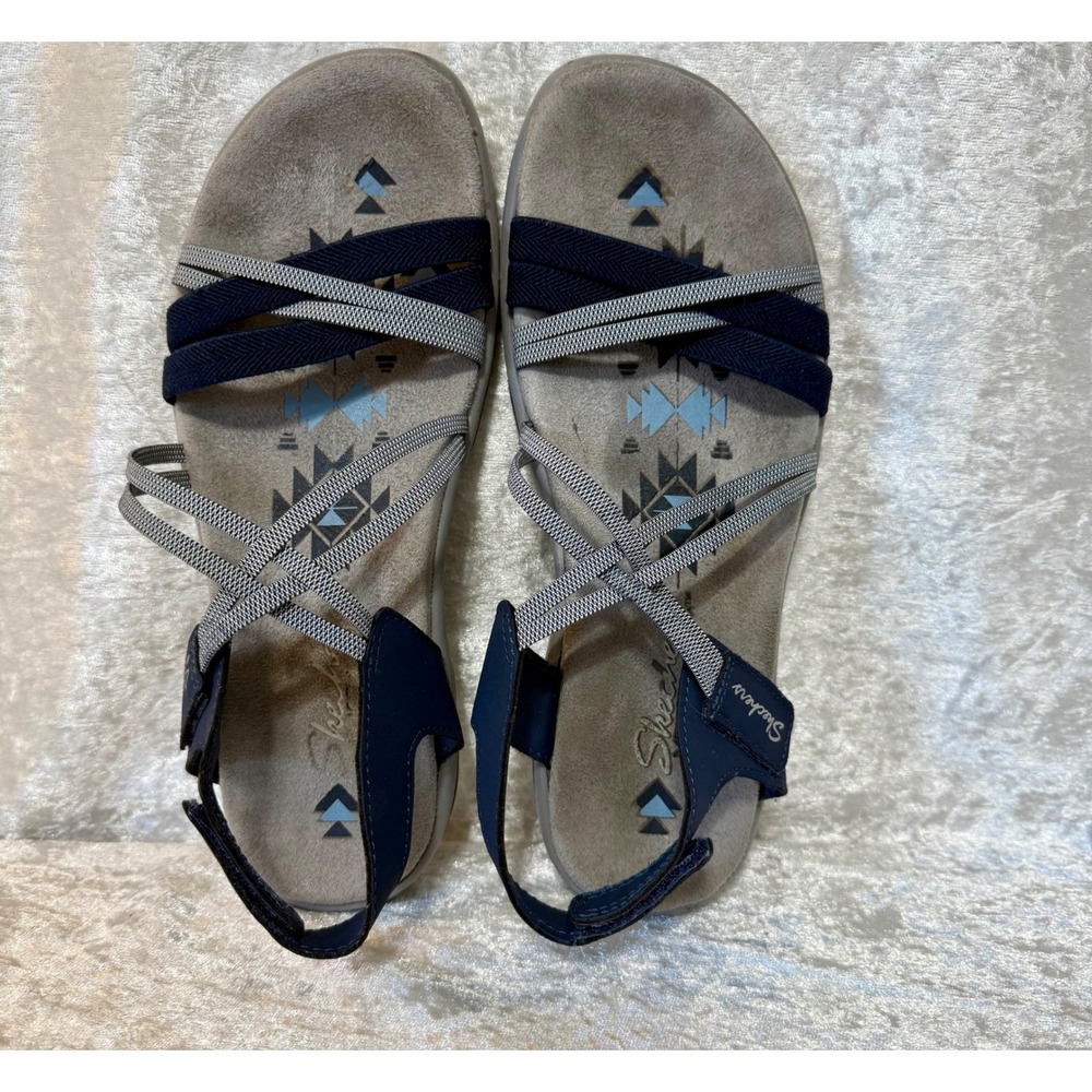 Skechers Reggae Womens Size-7Comfort Memory Foam Strappy Sandals Navy‎ Blue Gray